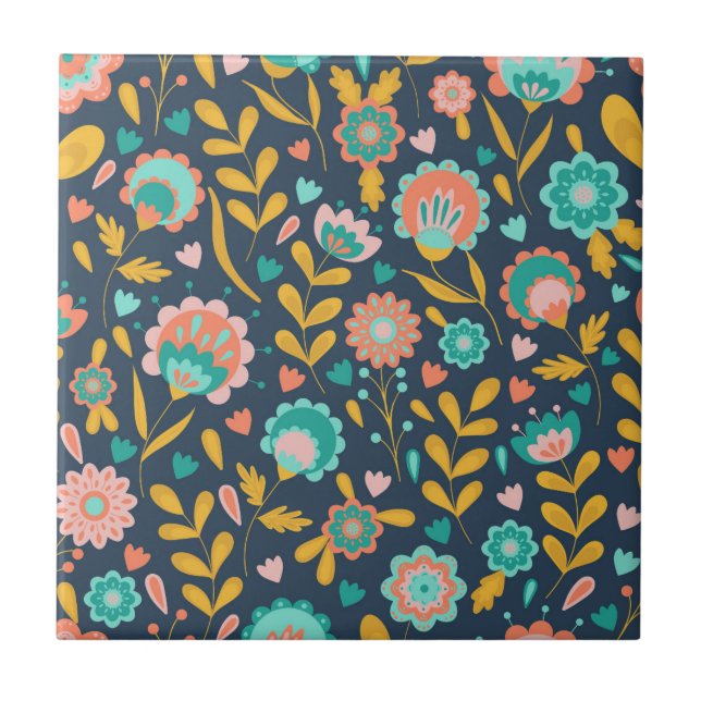 Folk Art Flower Pattern Ceramic Tile (Front)