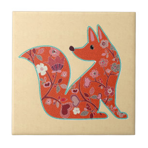 Folk Art Flower Pattern Fox Ceramic Tile
