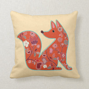 Folk Art Flower Pattern Fox Cushion