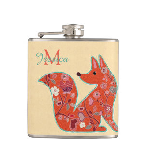 Folk Art Flower Pattern Fox Hip Flask