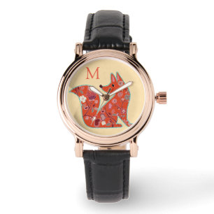 Folk Art Flower Pattern Fox Monogram Watch