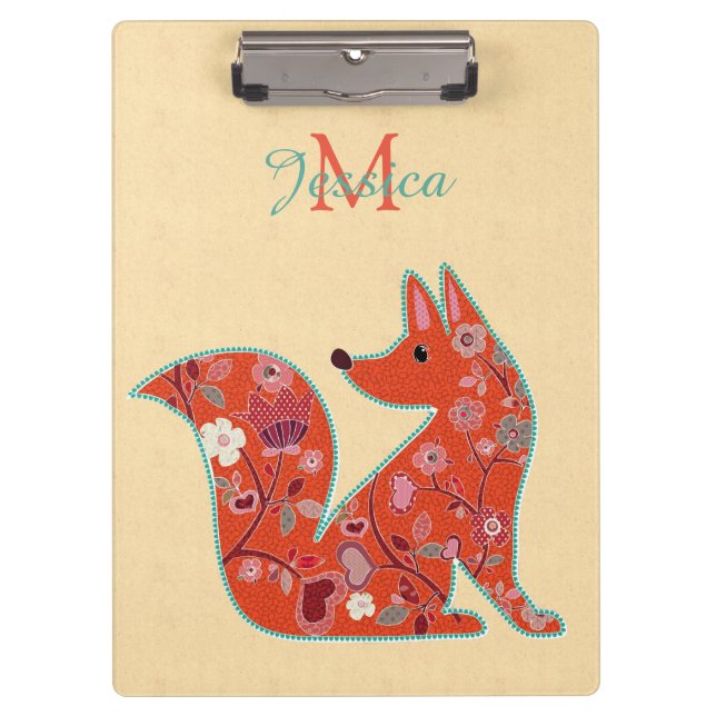 Folk Art Flower Pattern Fox Personalised Clipboard (Front)