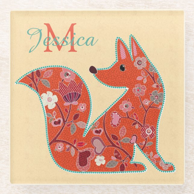 Folk Art Flower Pattern Fox Personalised Glass Coaster (Front)