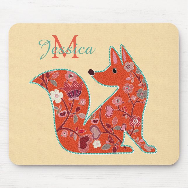 Folk Art Flower Pattern Fox Personalised Mouse Pad (Front)