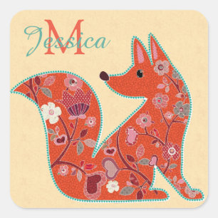 Folk Art Flower Pattern Fox Personalised Square Sticker