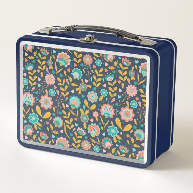 Folk Art Flower Pattern Metal Lunch Box (Front)
