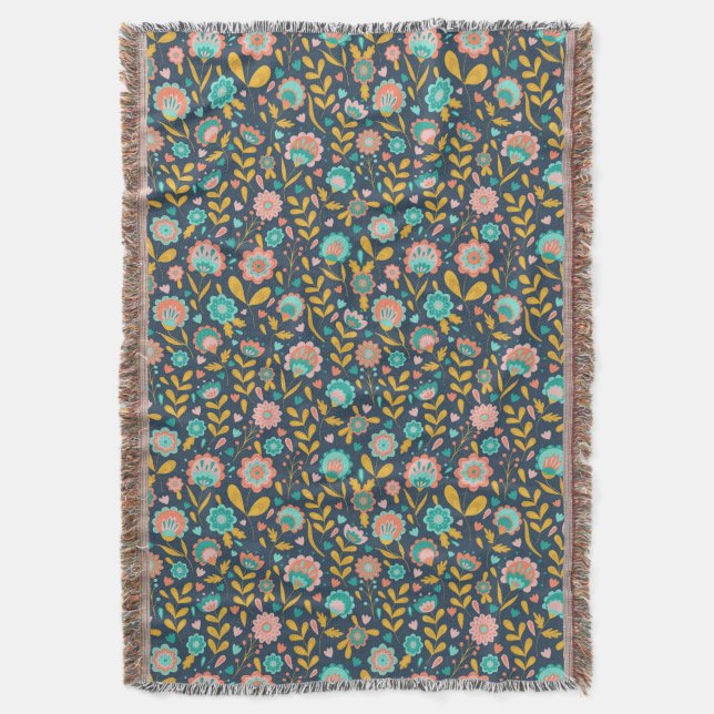 Folk Art Flower Pattern Throw Blanket (Front Vertical)