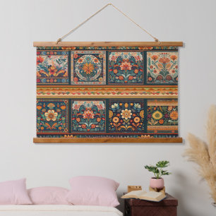 Folk Art Flower Tiles Walll Hanging Tapestry