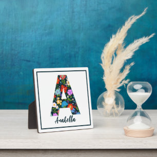 Folk Art Flowers Monogram Letter A Tabletop Plaque