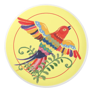 Folk Art Flying Bird Colourful Rustic Retro Yellow Ceramic Knob