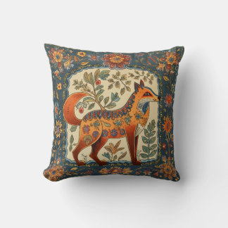 Folk Art Fox and Flowers Teal Blue Cream Cushion