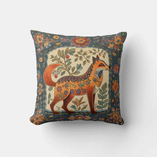 Folk Art Fox and Flowers Teal Blue Cream Cushion (Front)