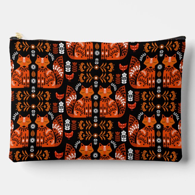Folk Art Fox And Hen Accessory Pouch (Front)