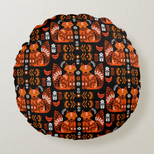 Folk Art Fox And Hen Round Cushion