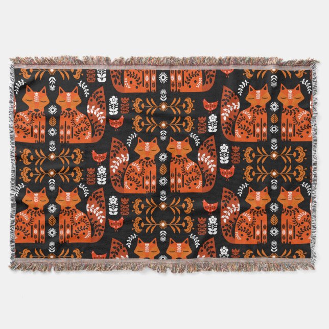 Folk Art Fox And Hen Throw Blanket (Front)
