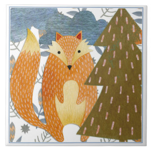 Folk Art Fox Christmas Ceramic Tile