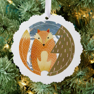 Folk Art Fox Christmas Tree Decoration Card