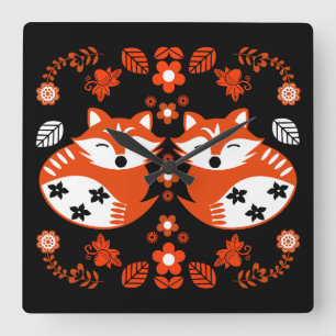 Folk Art Fox Print Decor Square Wall Clock