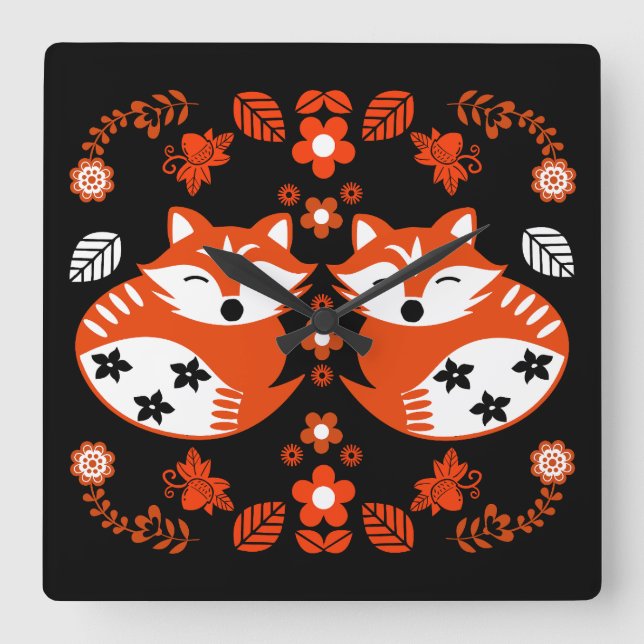Folk Art Fox Print Decor Square Wall Clock (Front)