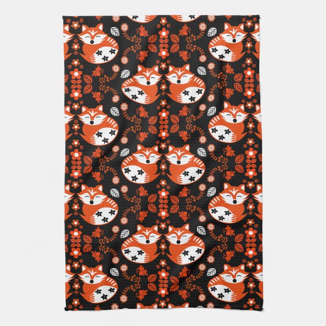 Folk Art Fox Print Decor Tea Towel (Vertical)