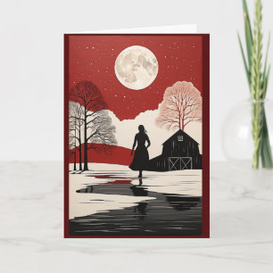 Folk Art Full Moon Woman Christmas Card Rustic