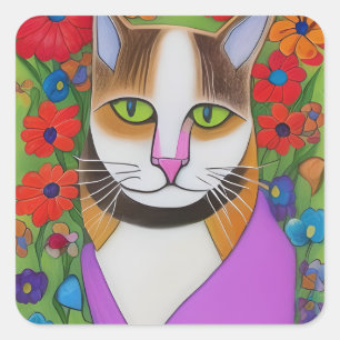 Folk Art Funny Cat with Colourful Flowers Square Sticker