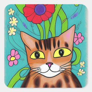Folk Art Funny Cat with Red Flower Square Sticker