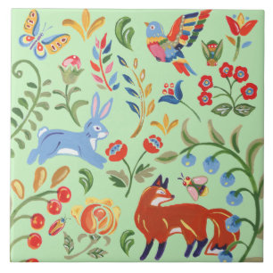 Folk Art Green Animal Woodland Floral Fox Rabbit Ceramic Tile