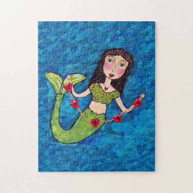 Folk Art Green Mermaid String of Red Hearts Jigsaw Puzzle (Vertical)
