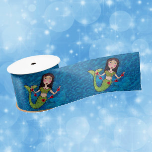 Folk Art Green Mermaid String of Red Hearts Satin Ribbon