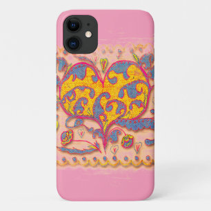 Folk Art Heart with leaves and flowers iPhone 11 Case