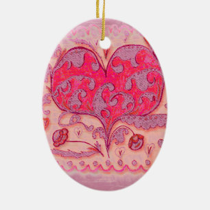 Folk Art Heart with leaves and flowers Ceramic Ornament
