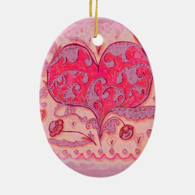 Folk Art Heart with leaves and flowers Ceramic Ornament (Back)