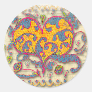 Folk Art Heart with leaves and flowers Classic Round Sticker