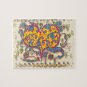 Folk Art Heart with leaves and flowers Jigsaw Puzzle
