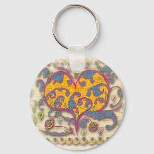 Folk Art Heart with leaves and flowers Key Ring