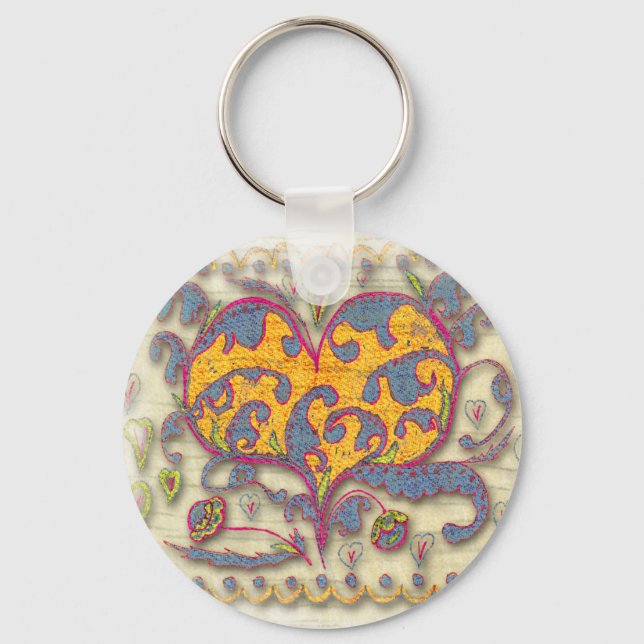 Folk Art Heart with leaves and flowers Key Ring (Front)