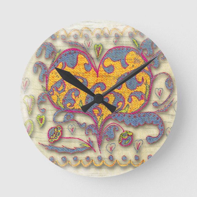 Folk Art Heart with leaves and flowers Round Clock (Front)