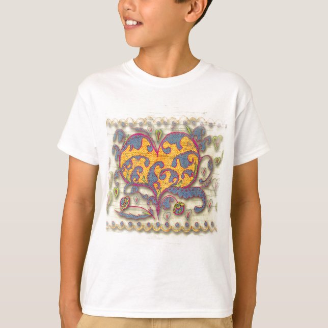 Folk Art Heart with leaves and flowers T-Shirt (Front)