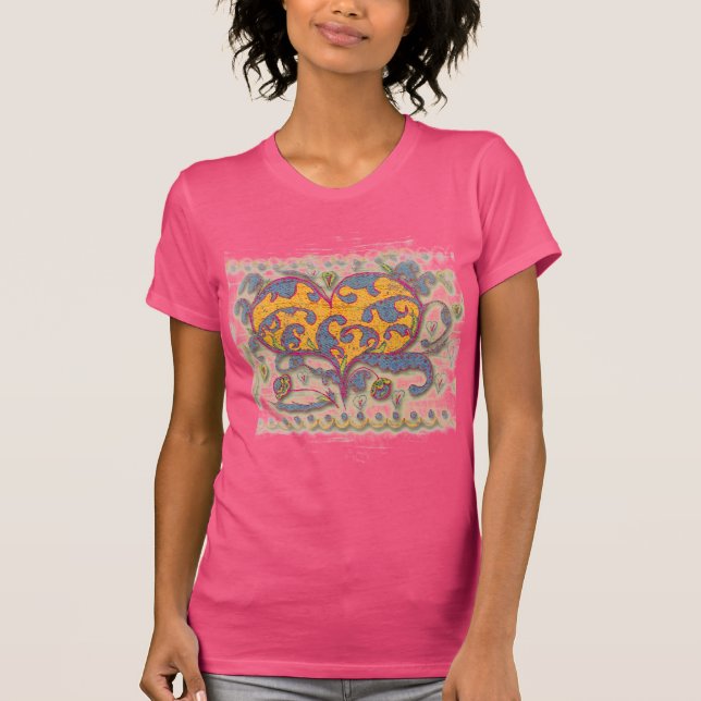 Folk Art Heart with leaves and flowers T-Shirt (Front)