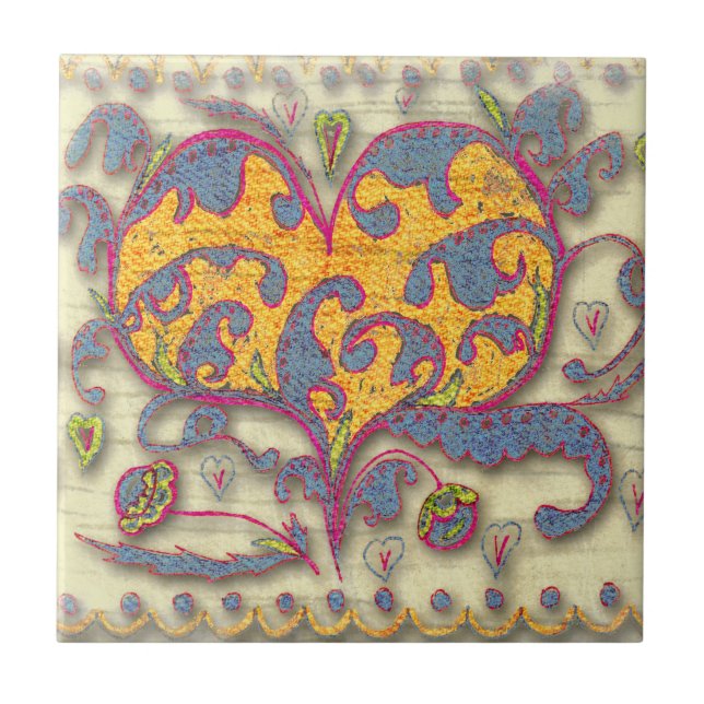 Folk Art Heart with leaves and flowers Tile (Front)