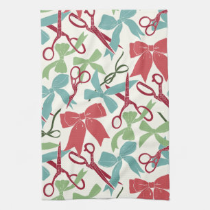 Folk Art Holiday Bows and Scissors Christmas Tea Towel