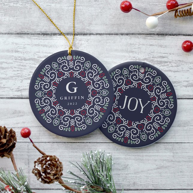 Folk Art Holiday Monogram Ceramic Ornament (Creator Uploaded)