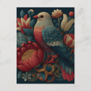 Folk Art Illustration of a Bird Among Vibrant Flow Holiday Postcard