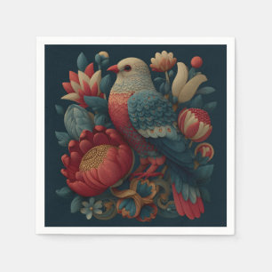 Folk Art Illustration of a Bird Among Vibrant Flow Napkin