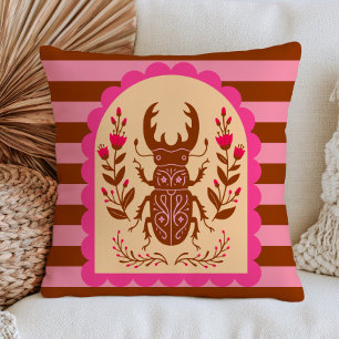 Folk Art Insect Illustration on Stripes Floral Bug Cushion