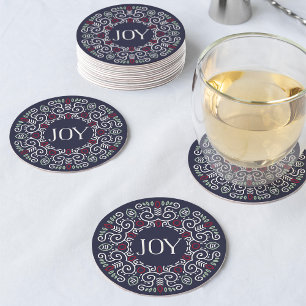 Folk Art Joy Holiday Round Paper Coaster