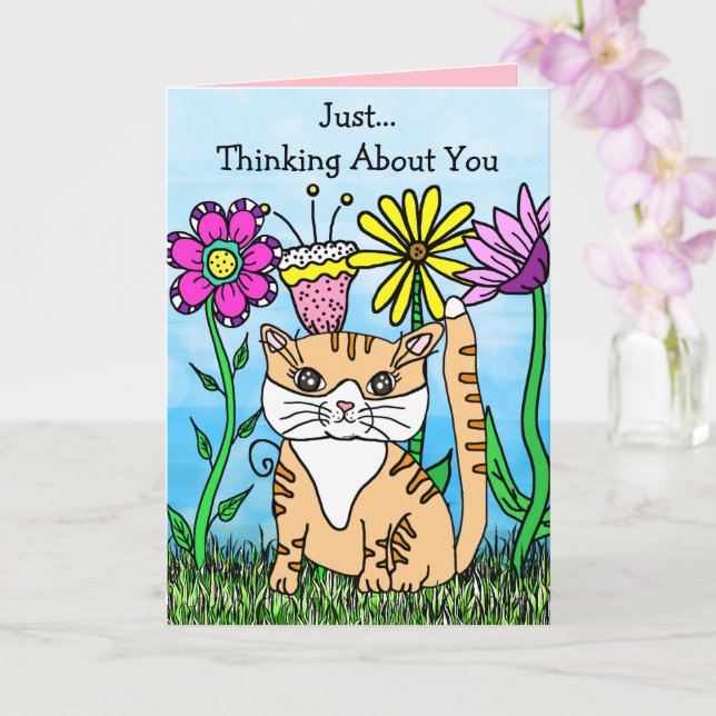 Folk Art Kitty Cat Thinking About You Card (Orchid)