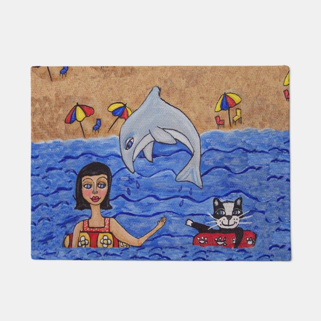 Folk Art Lady Cat Beach Ocean Dolphin Swimming Doormat (Front)