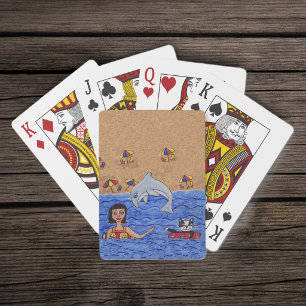 Folk Art Lady Cat Beach Ocean Dolphin Swimming Playing Cards